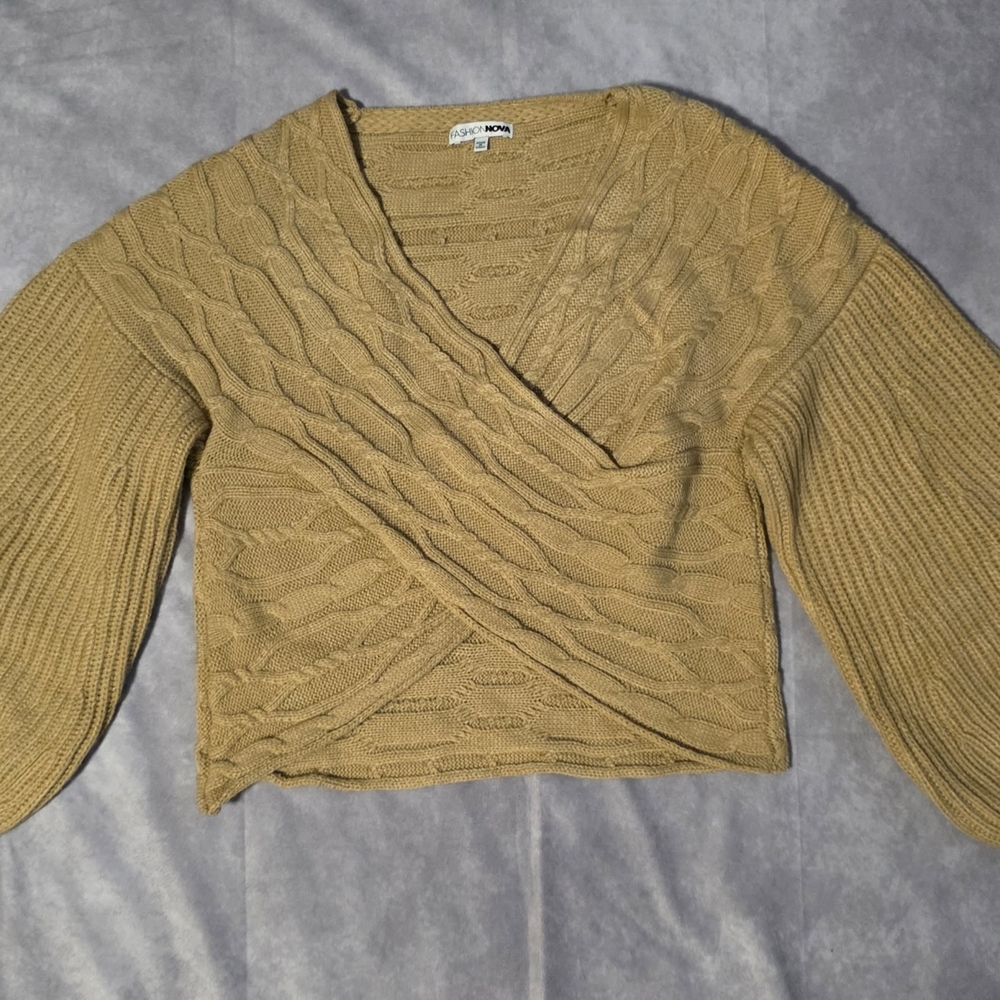 Fashion Nova Tan V-Neck Sweater with Puff Sleeves